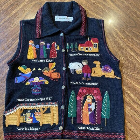 Sharon Young Jackets & Blazers - Sharon Young S Vest Christmas Kings Mary Jesus Embroider Applique Linen Blend